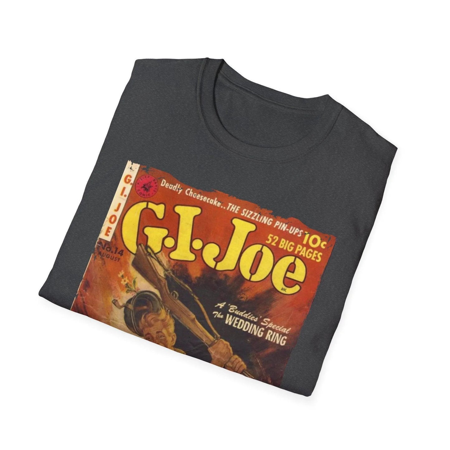 Reverse side detail showing “G.I. Joe No.14 Aug” print on relaxed fit, heather navy cotton t-shirt with subtle stitching