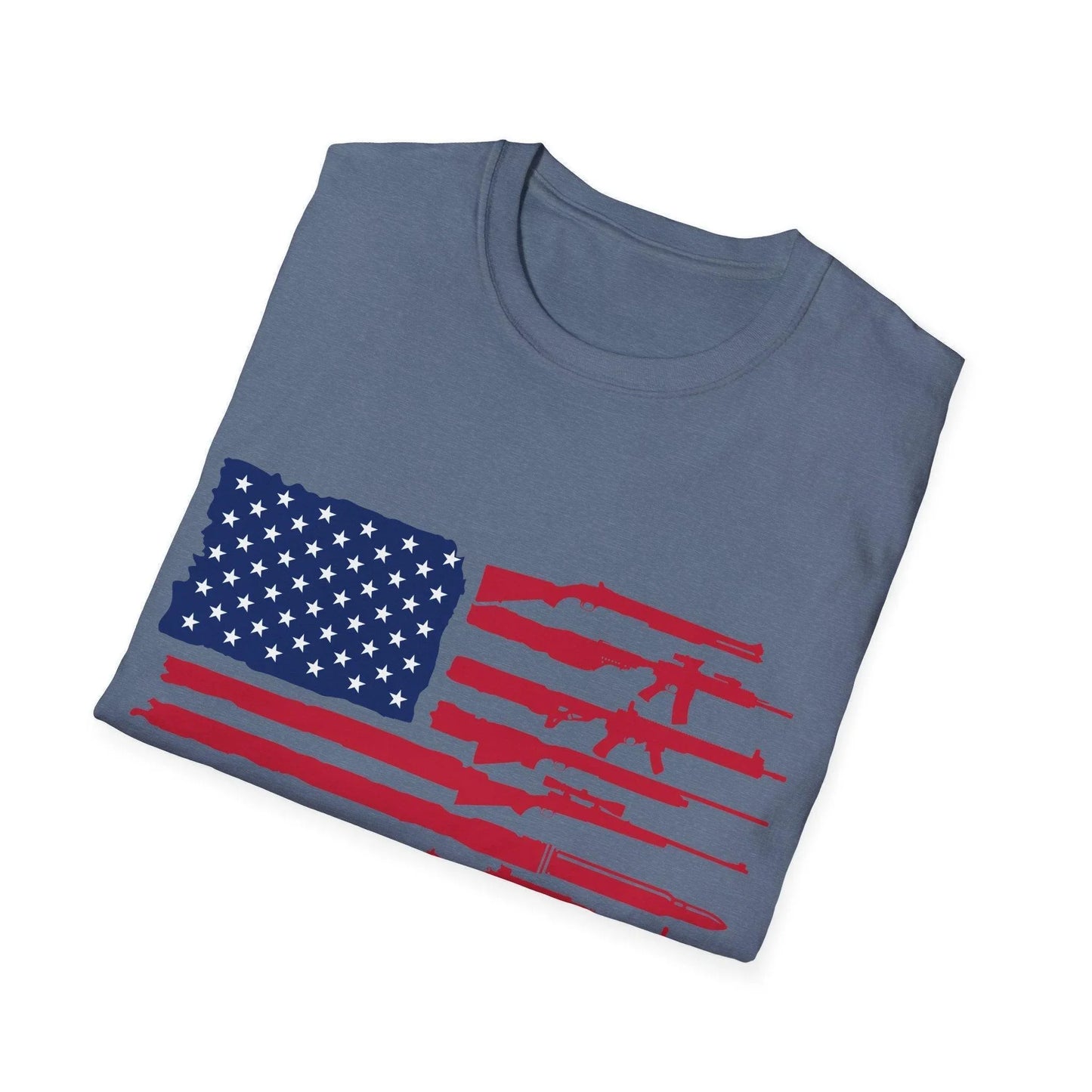 Close-up of the unisex fit label on the American Flag Guns Color T-Shirt's soft cotton fabric at the neckline