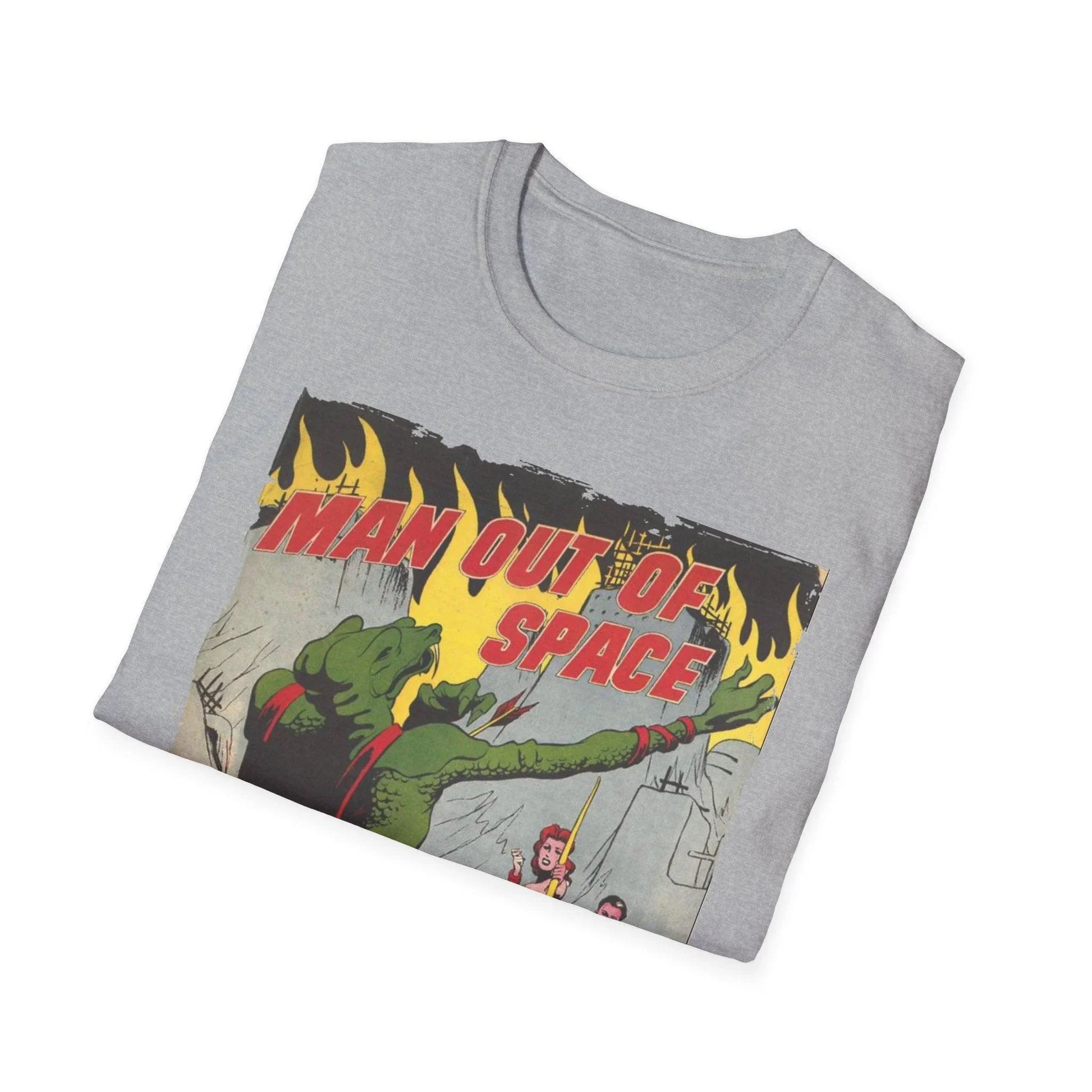 Close-up of the unisex softstyle T-shirt's neckline and sleeve stitching in vibrant galaxy print fabric, highlighting smooth