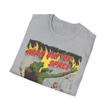 Close-up of the unisex softstyle T-shirt's neckline and sleeve stitching in vibrant galaxy print fabric, highlighting smooth