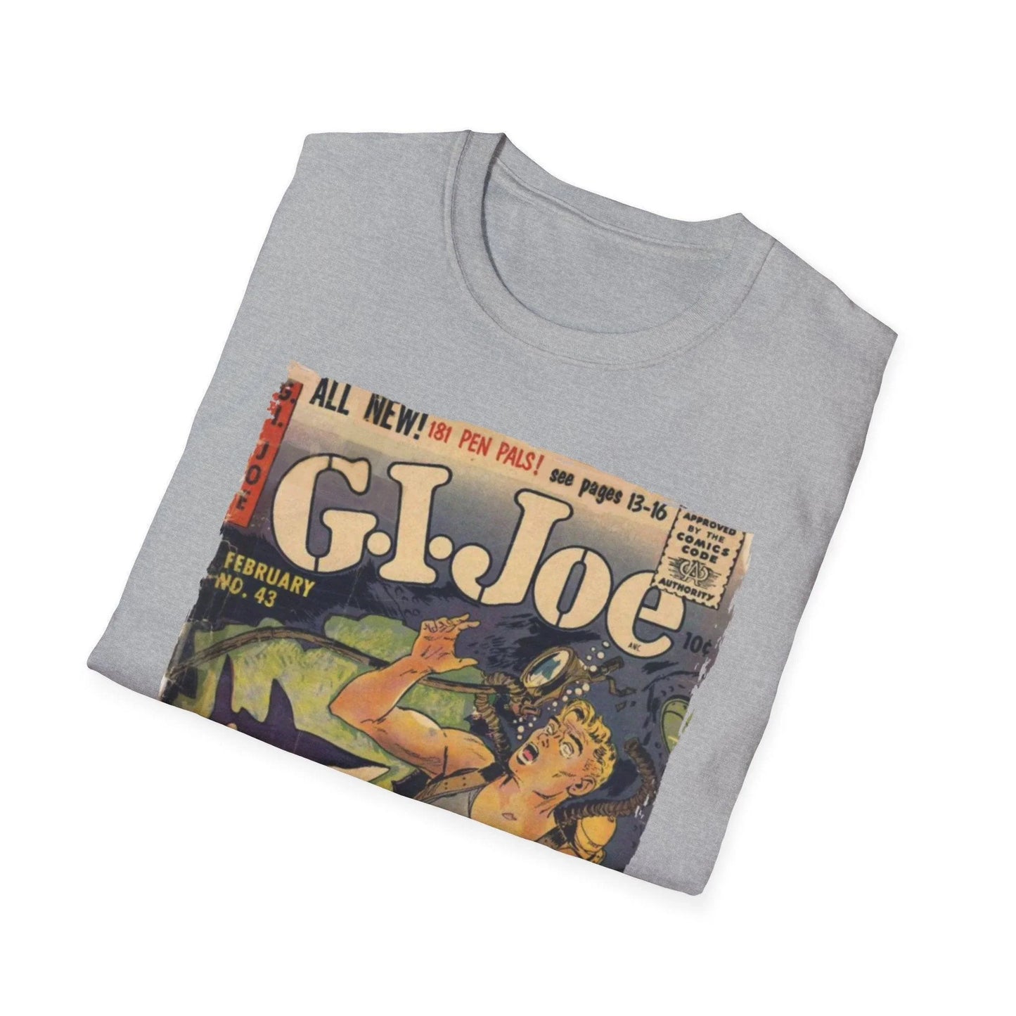 Close-up of the G.I. Joe No.43 unisex softstyle T-shirt's collar stitching and subtle logo detail at neckline