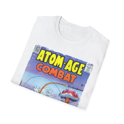 Close-up of the Atom-Age Combat No.2 T-shirt collar and neckline showcasing softgrey fabric and double-stitched seams from a
