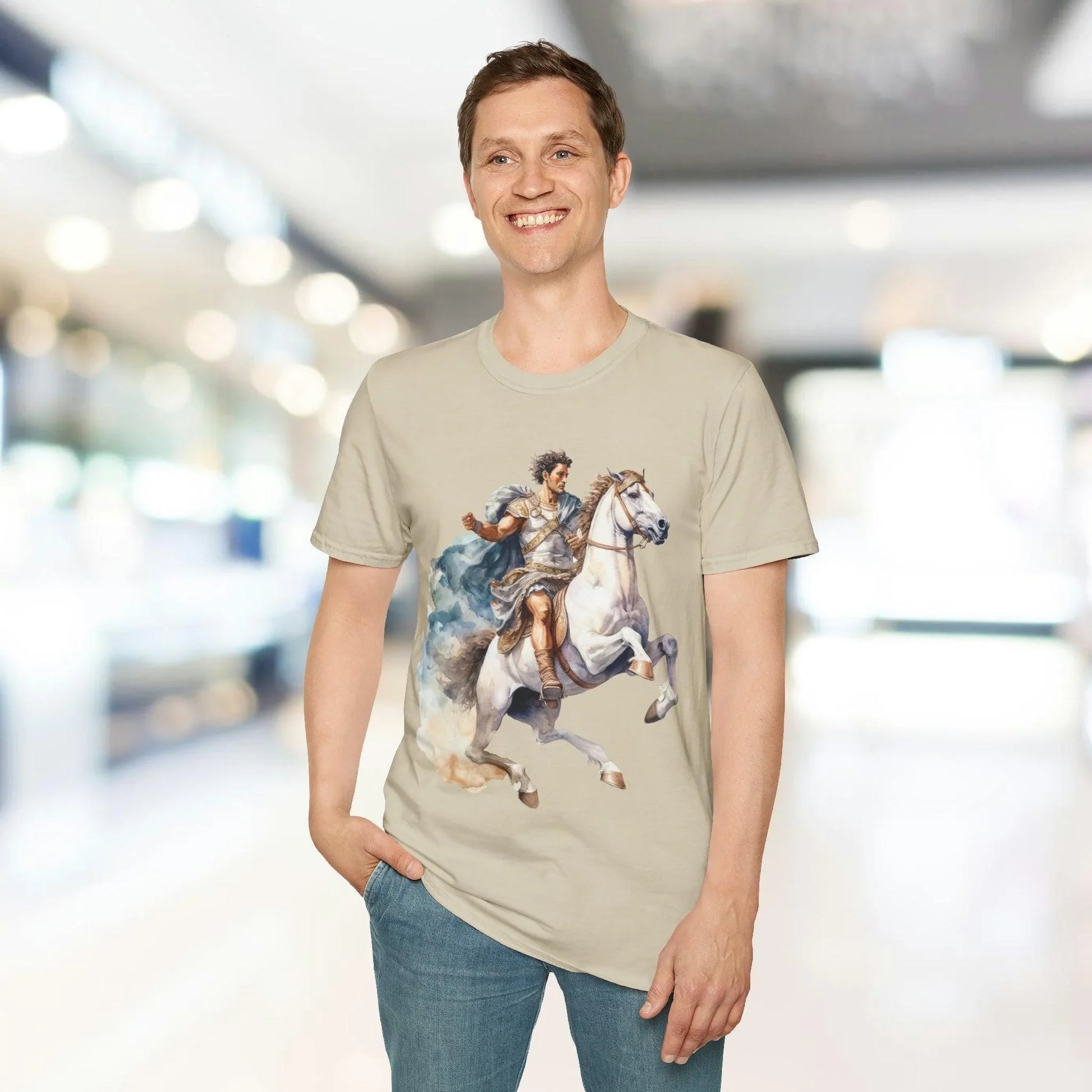 Close-up of the unisex relaxed-fit T-shirt’s soft cotton fabric in deep navy with visible stitching detail around the