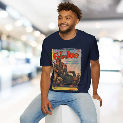 Close-up of the G.I. Joe No.20 unisex softstyle t-shirt tag and stitching detail on the chest seam in heather navy color.