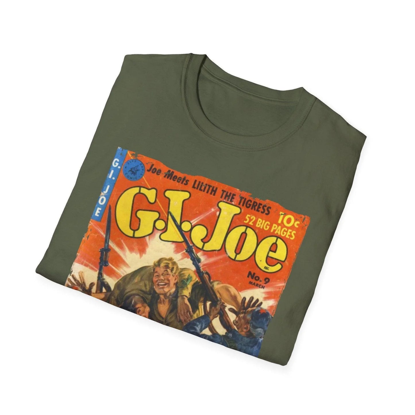 Close-up of the G.I. Joe No.9 softstyle t-shirt's crew neckline with visible stitching and smooth cotton-blend fabric in