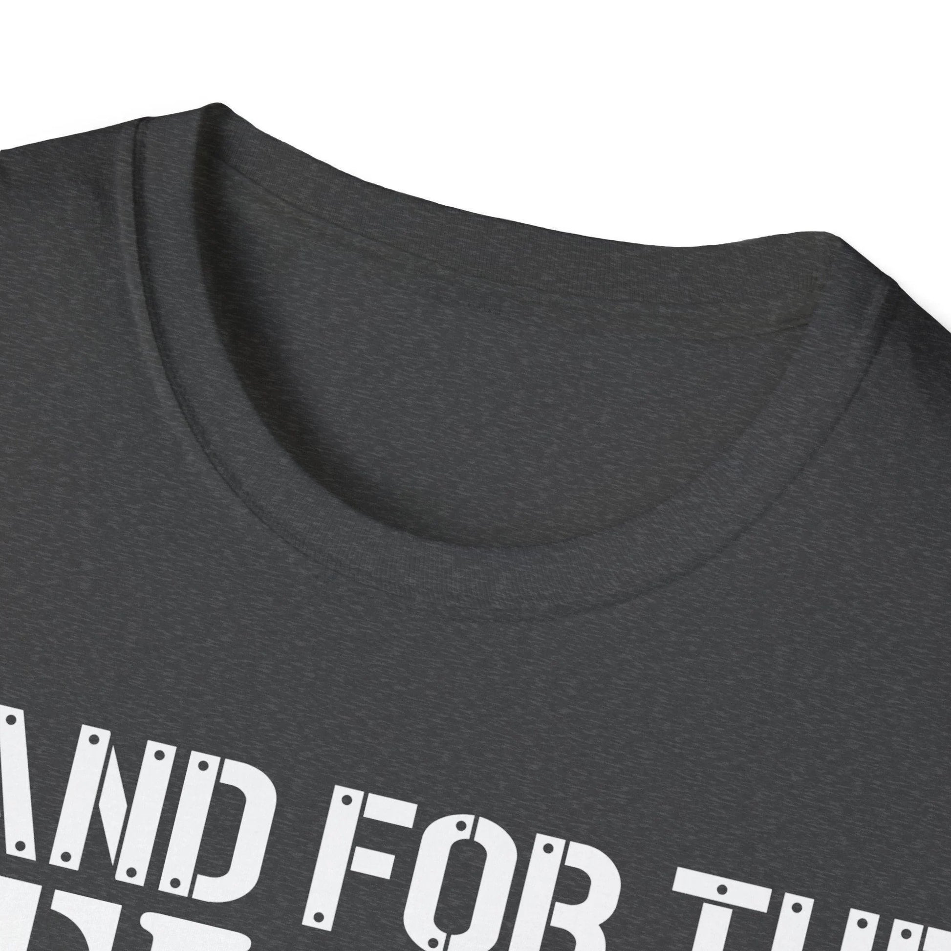 Front neckline detail showcasing the soft cotton fabric and reinforced stitching on the unisex fit T-shirt in charcoal gray