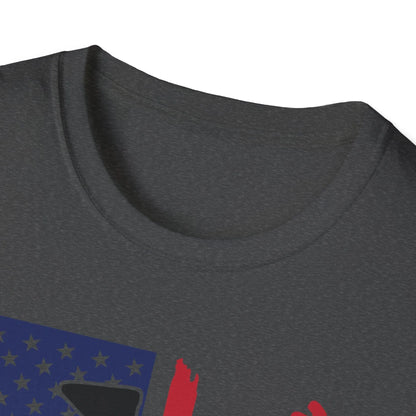 Close-up of the distressed American flag design on the chest area, highlighting the vibrant red, white, and faded blue