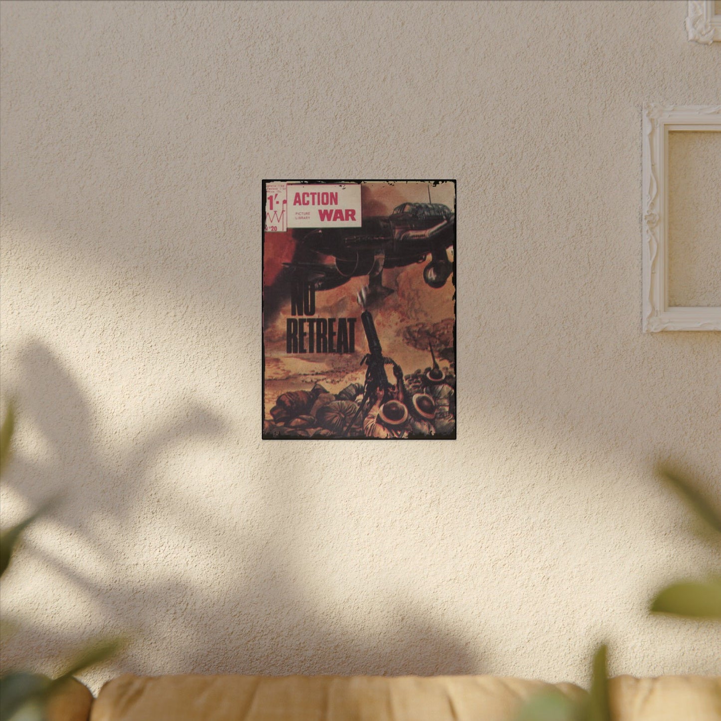 Close-up of the rugged canvas texture with visible stitching and subtle distressed finish on the Action War #20 cover art.