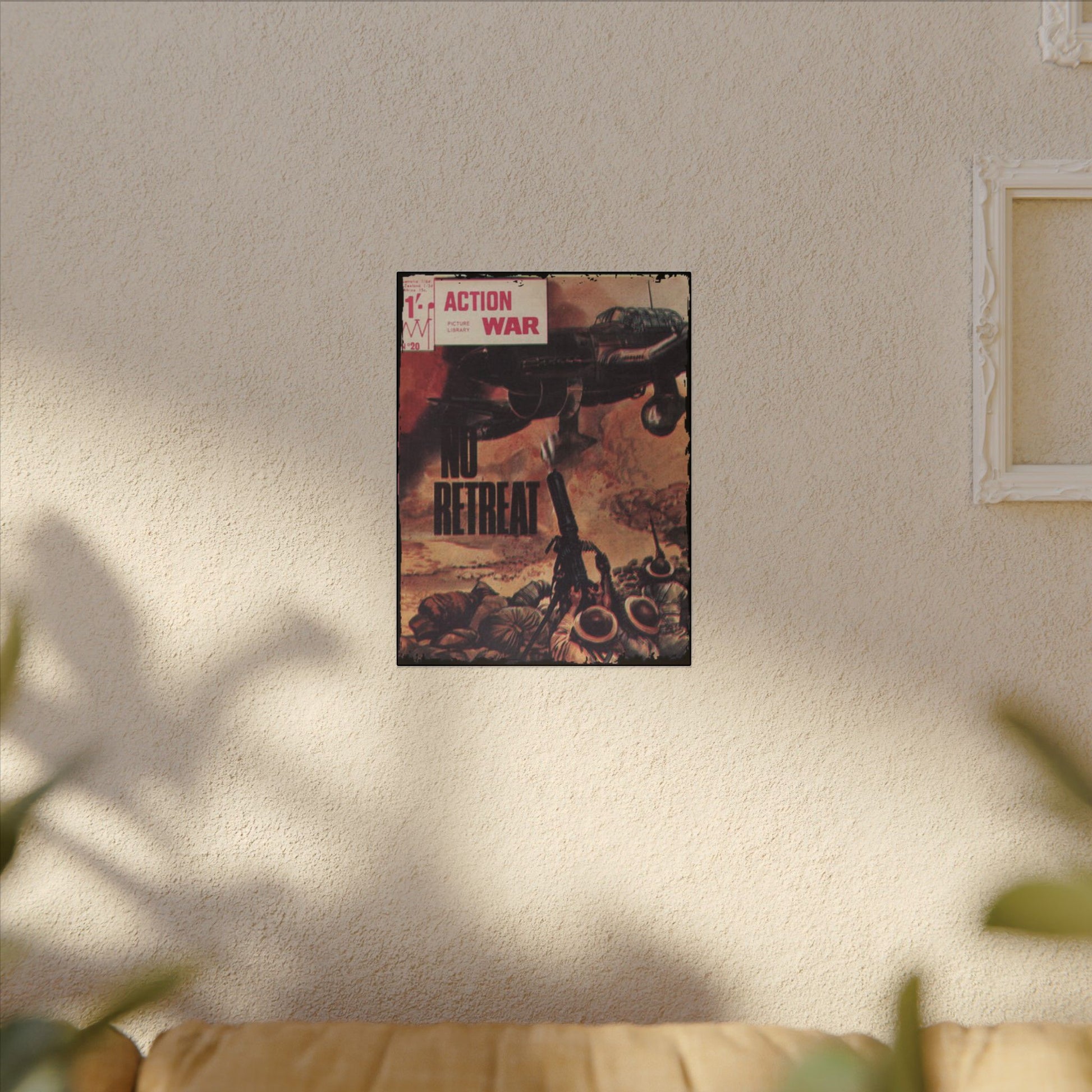 Close-up of the rugged canvas texture with visible stitching and subtle distressed finish on the Action War #20 cover art.