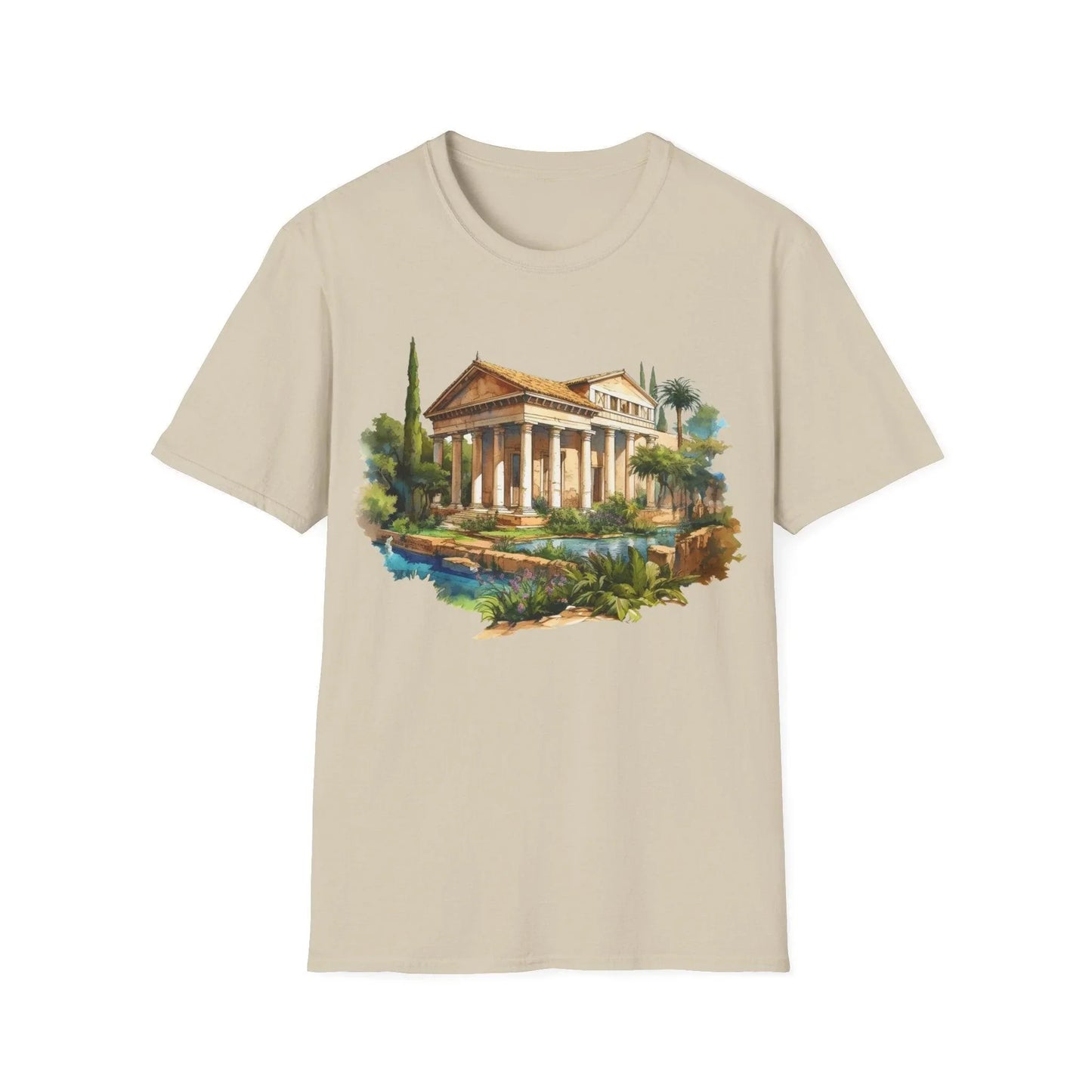 Close-up of the unisex softstyle fabric tag on the back neckline showing the "Ancient Bldg 3" branding and stitching details