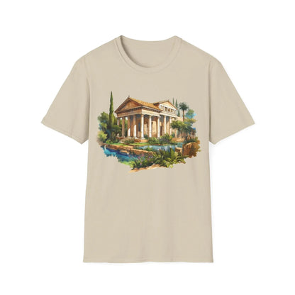 Close-up of the unisex softstyle fabric tag on the back neckline showing the "Ancient Bldg 3" branding and stitching details