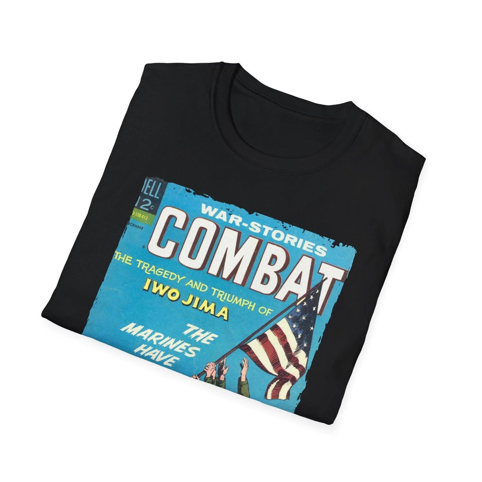 Close-up of the Combat Dec 1966 unisex softstyle T-shirt's chest graphic detail, showcasing vibrant printed design and