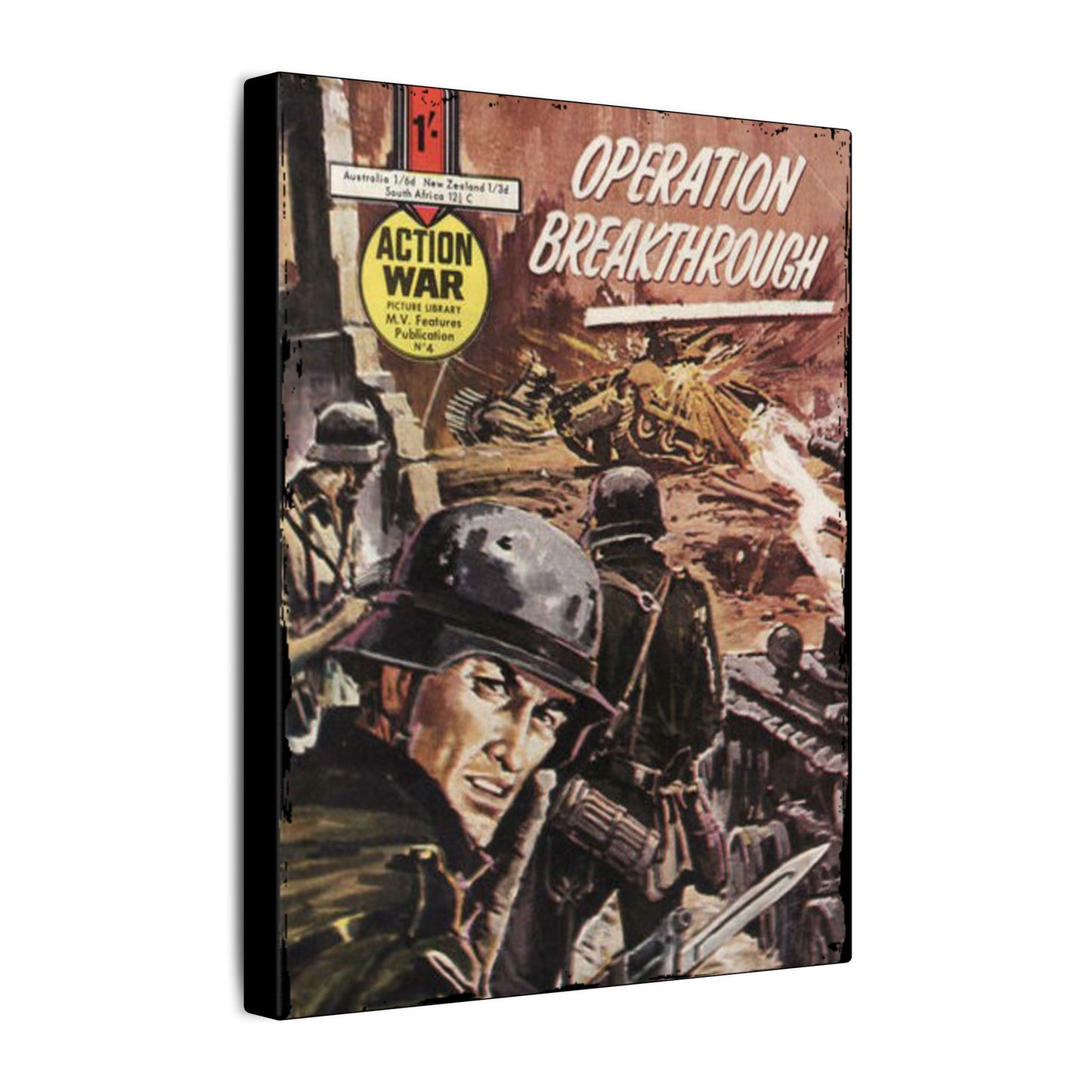 Close-up of the vintage "Action War #4" comic cover revealing bold red and yellow title lettering with textured canvas