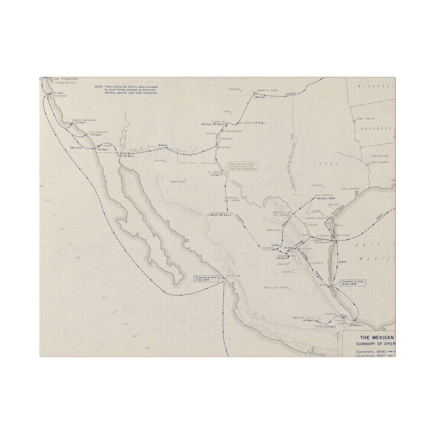 Close-up of textured canvas surface highlighting detailed brushstrokes and vintage coloration from the Mexican War 1846-1847