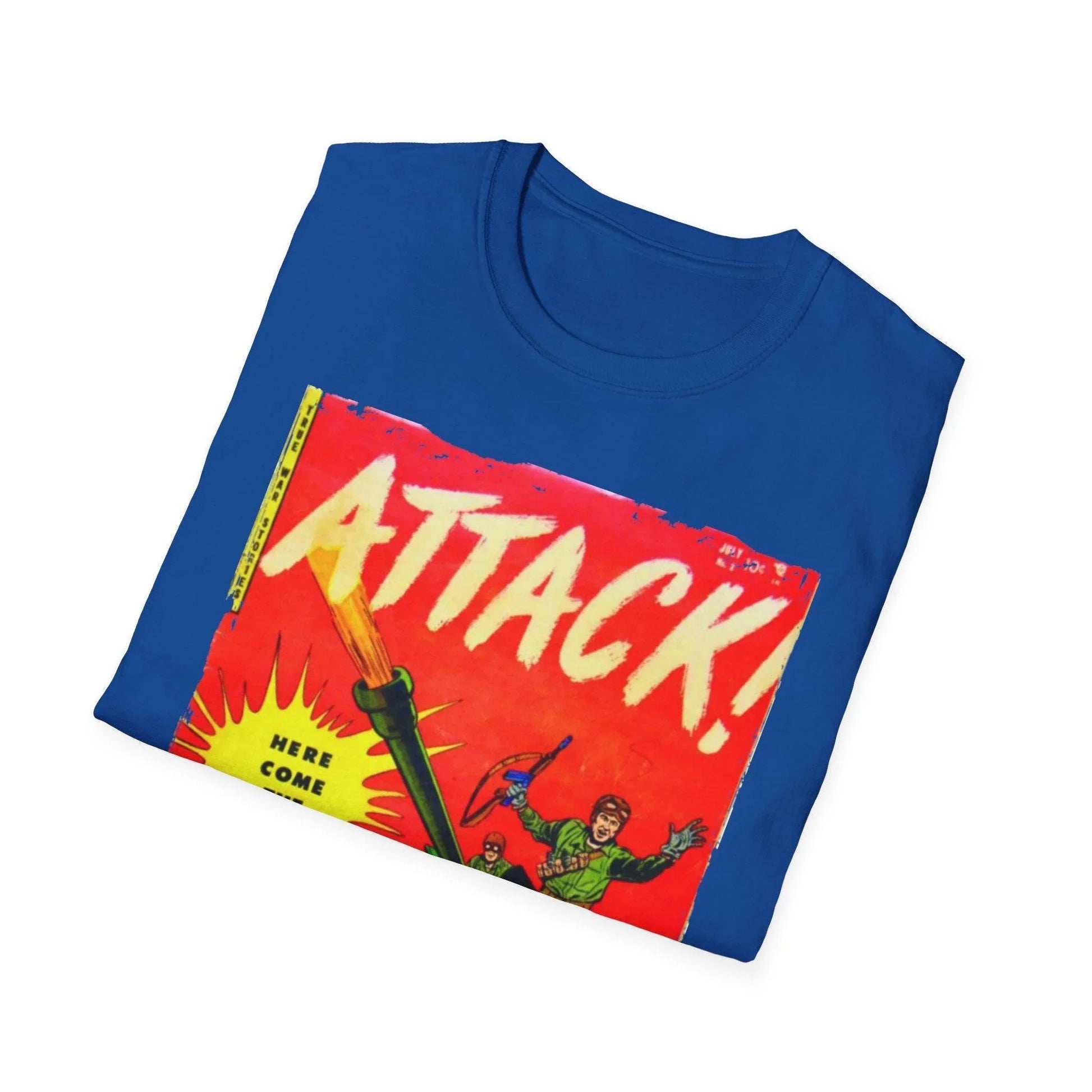 Close-up of the vintage "Attack! July 1952" graphic on forest green cotton T-shirt's chest area, highlighting the distressed