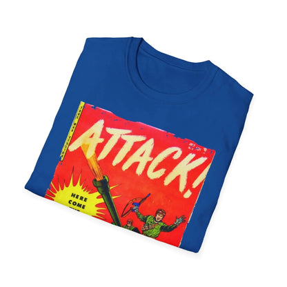 Close-up of the vintage "Attack! July 1952" graphic on forest green cotton T-shirt's chest area, highlighting the distressed