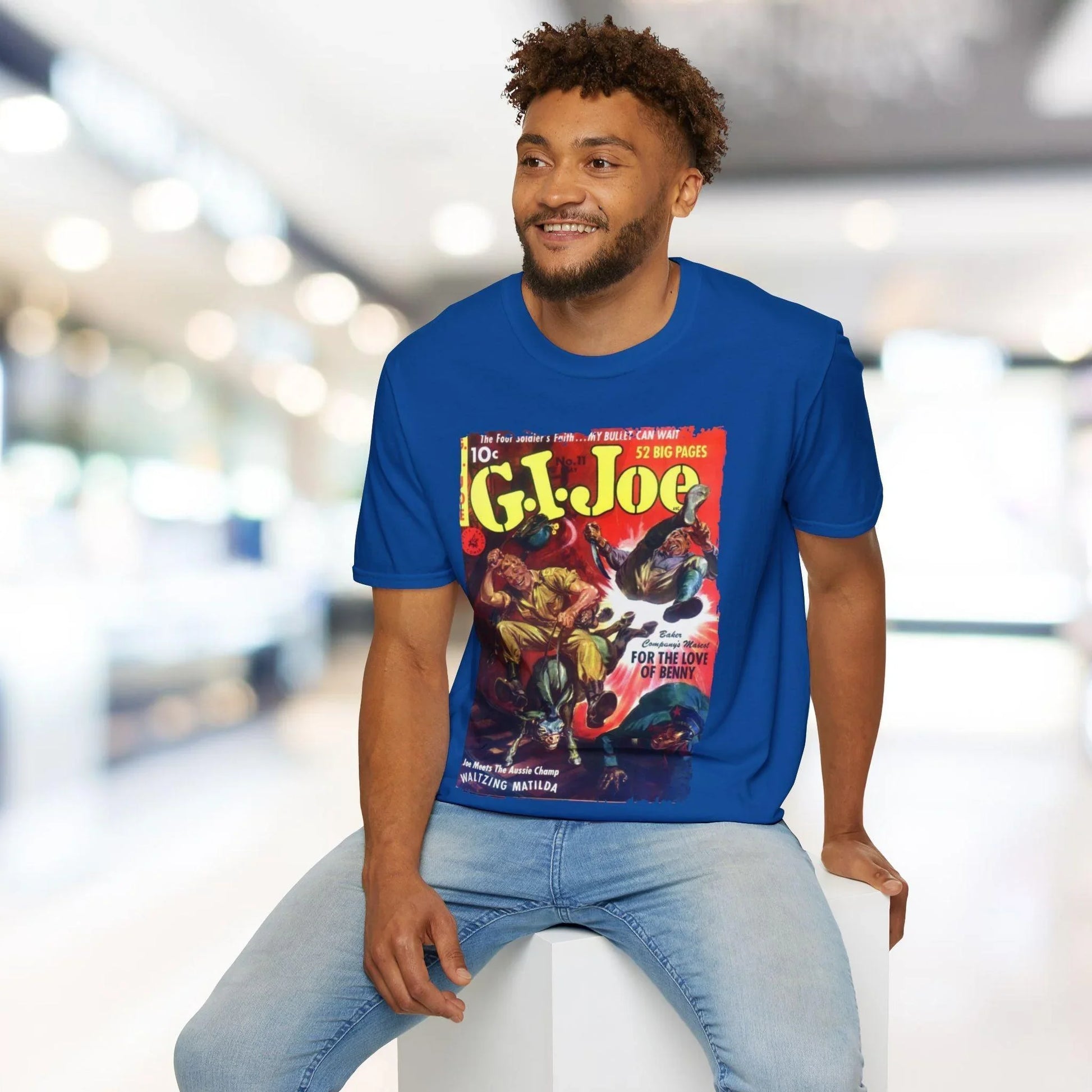 Close-up of the G.I. Joe No.11 T-Shirt fabric showing smooth black cotton blend, crew neckline, and relaxed fit from a