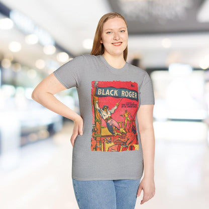 Close-up of the black unisex cotton fabric with subtle textured weave and reinforced stitching along the neckline edge.