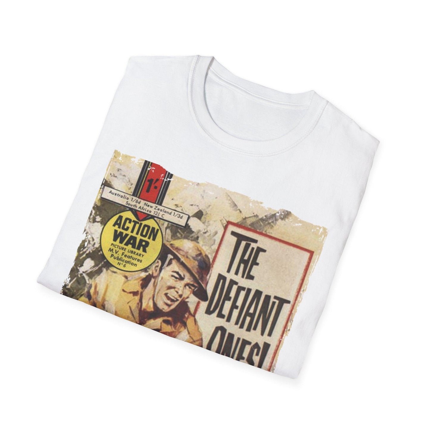 Close-up of the unisex softstyle fabric tag on the collar showing cotton blend material and slim fit neckline detail