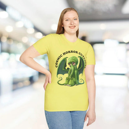 Close-up of the cosmic horror illustration on the chest print, highlighting vibrant purple and green ink details on soft