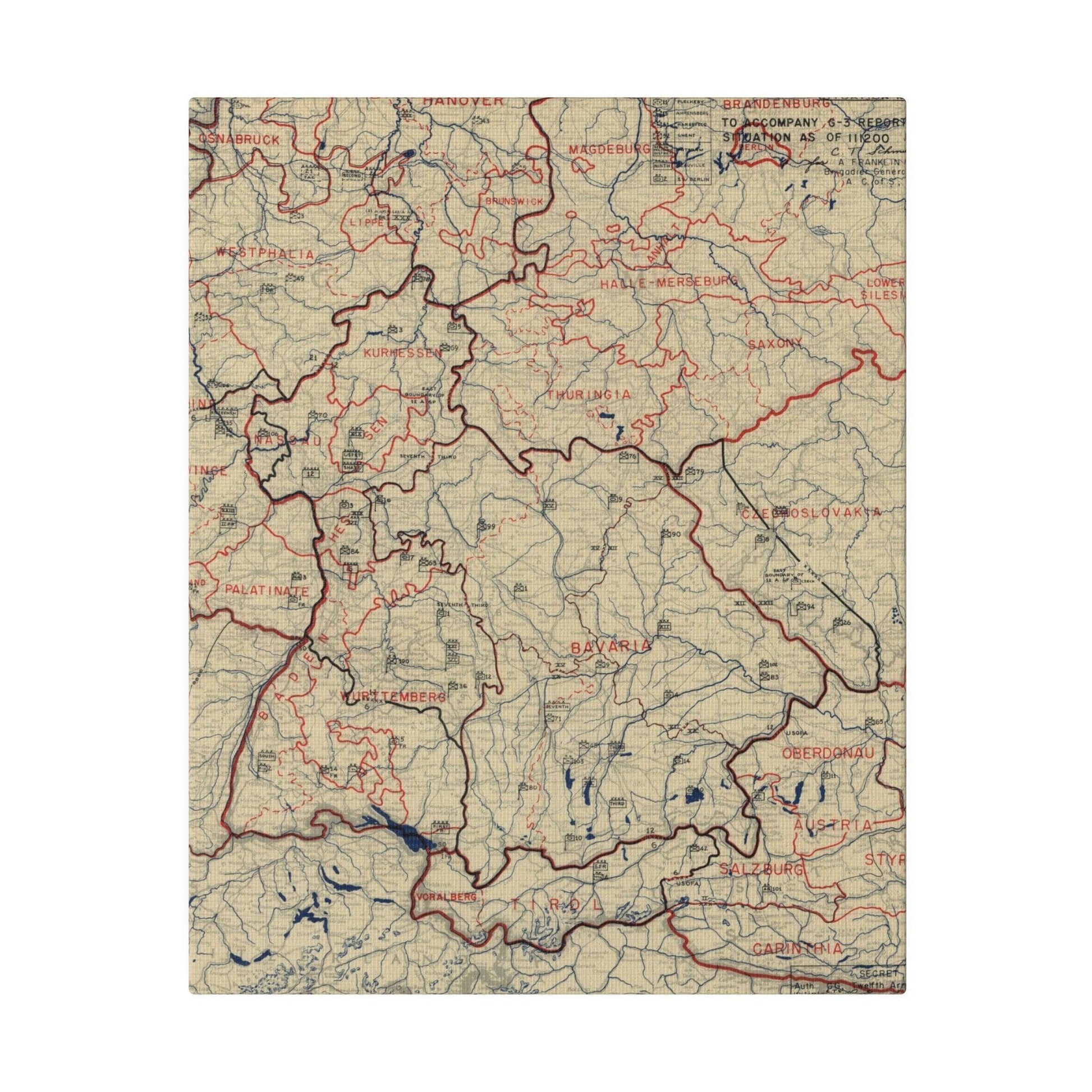 Close-up of the detailed vintage map section highlighting troop positions and terrain markings in faded sepia tones.