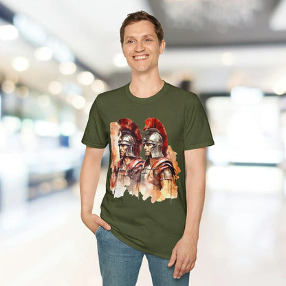 Close-up of the unisex softstyle fabric label displaying “Ancient Warrior 2” text sewn onto the relaxed fit black T-shirt