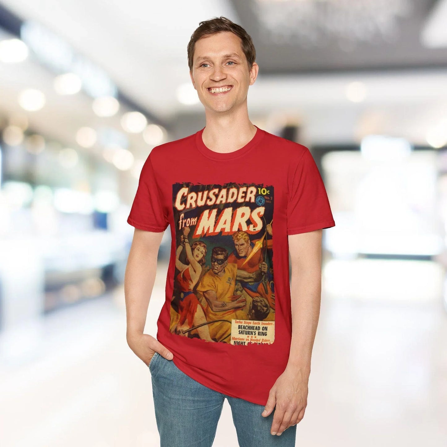 Image 15 of 27 shows the Crusader from Mars 2 T-shirt’s navy fabric near the collar, highlighting the soft cotton blend and