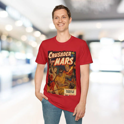 Image 15 of 27 shows the Crusader from Mars 2 T-shirt’s navy fabric near the collar, highlighting the soft cotton blend and