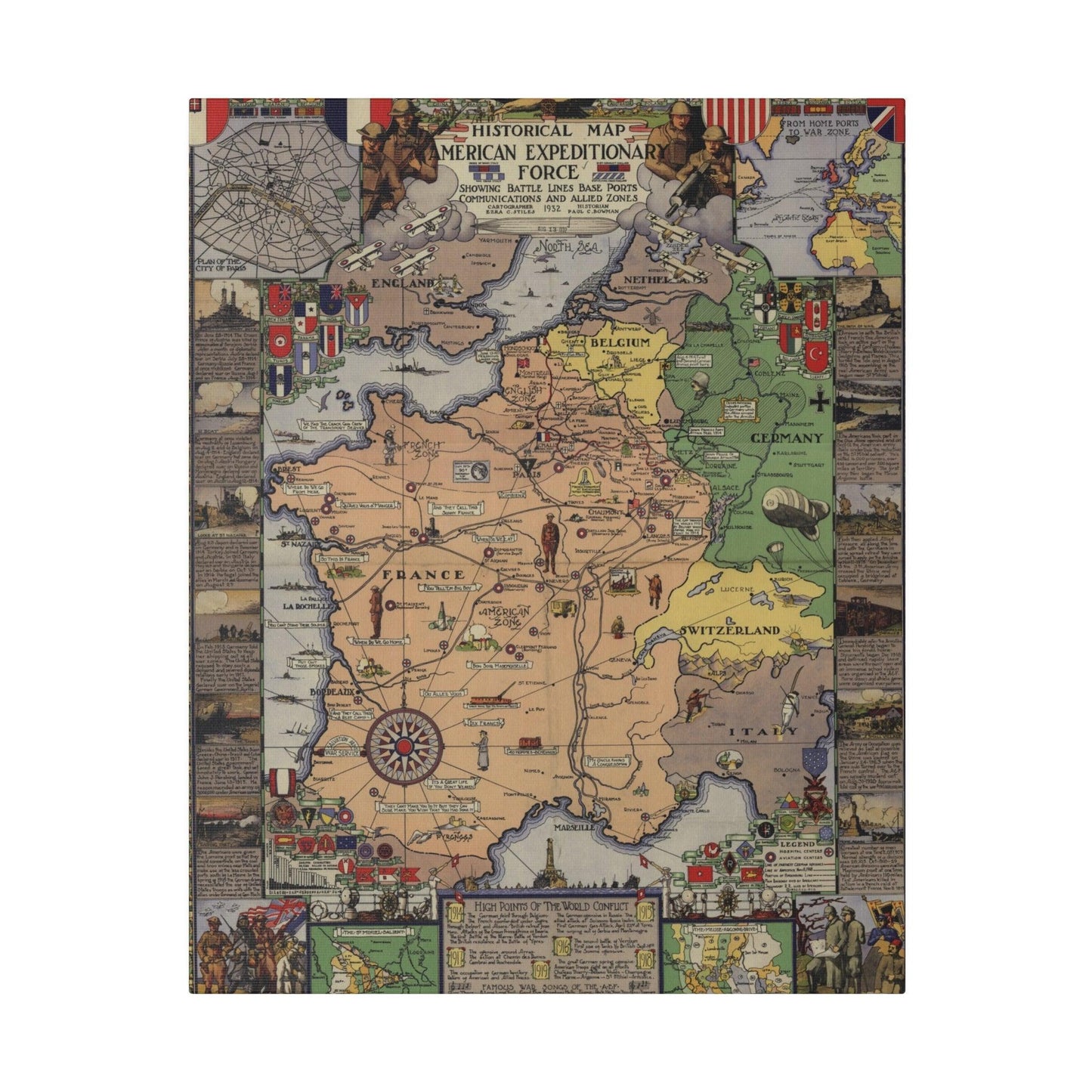 Close-up of the canvas texture highlighting detailed WW1-era American Expeditionary Force insignia and fabric weave.