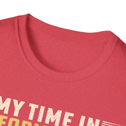 Close-up of the soft cotton fabric and stitched neckline on the relaxed fit slate gray unisex T-shirt from an overhead angle.