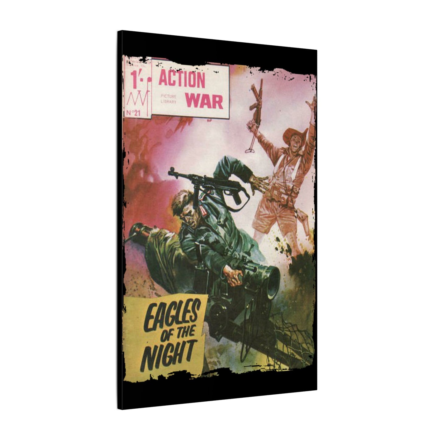 Close-up of the textured canvas surface showcasing vibrant colors and fine brushstroke details of Action War #21 print.