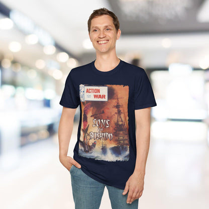 Close-up of the unisex softstyle T-shirt’s navy fabric highlighting smooth texture, relaxed fit, crew neckline, and short