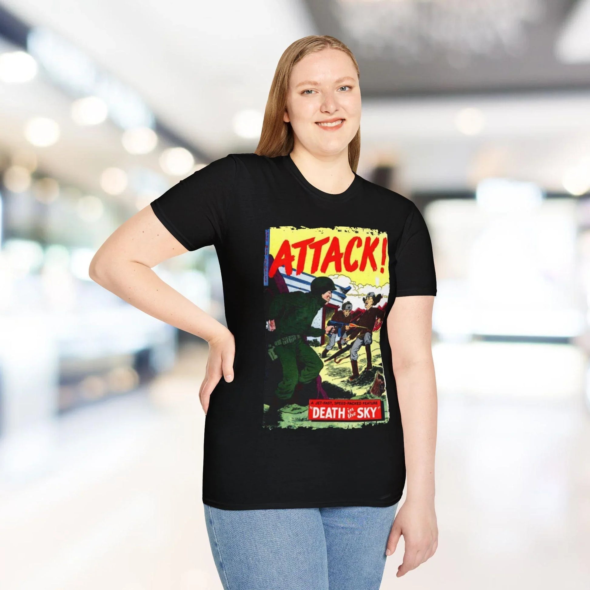 Close-up of the Attack! No. 7 unisex softstyle T-shirt collar with reinforced stitching and subtle fabric texture detail