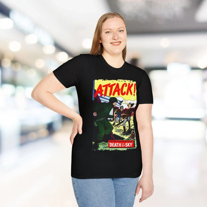 Close-up of the Attack! No. 7 unisex softstyle T-shirt collar with reinforced stitching and subtle fabric texture detail