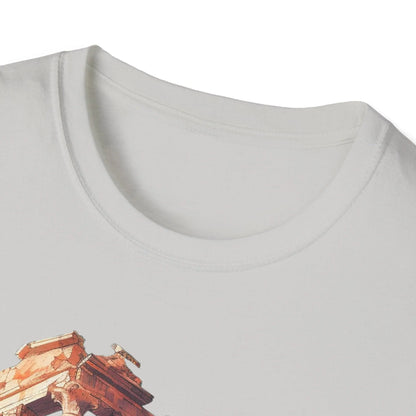 Close-up of the unisex fit tag sewn inside the collar on the beige relaxed-fit T-shirt with crew neckline and soft cotton