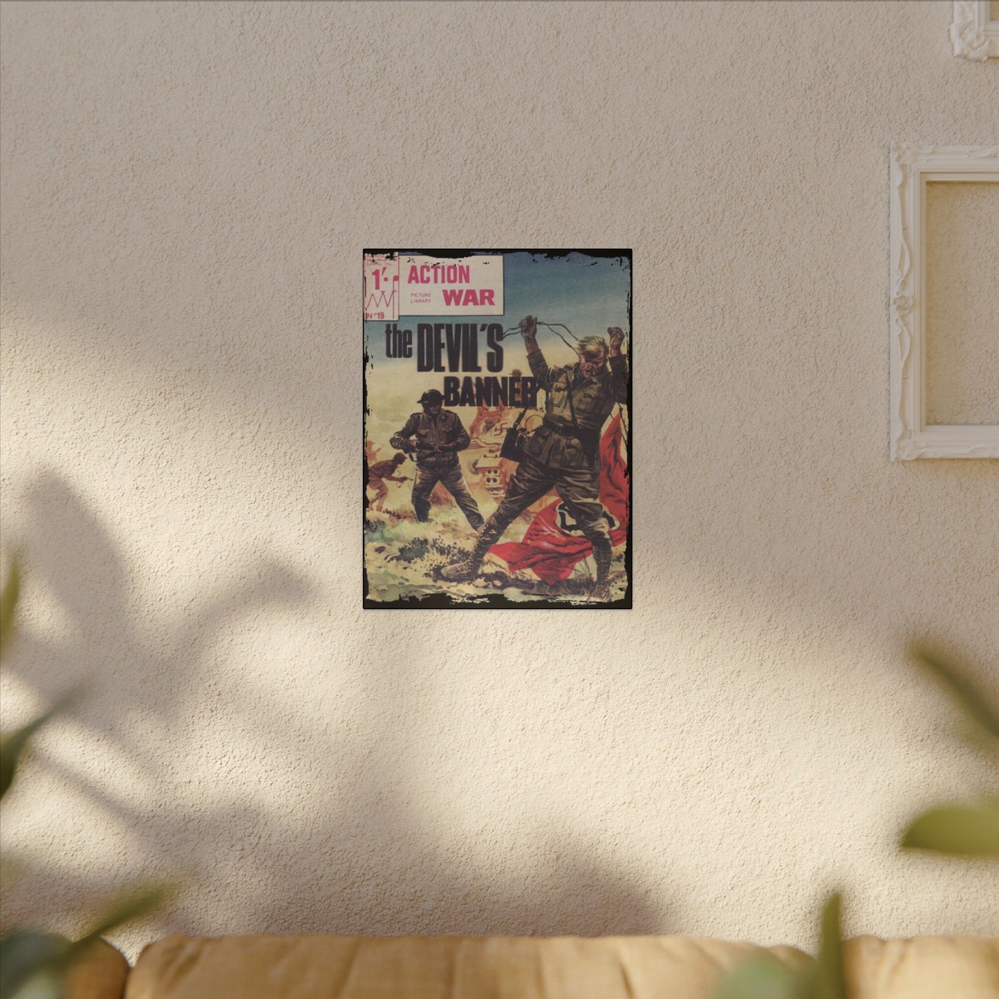 Close-up of the canvas texture featuring vibrant ink splatters and detailed line work on the Action War #19 cover art