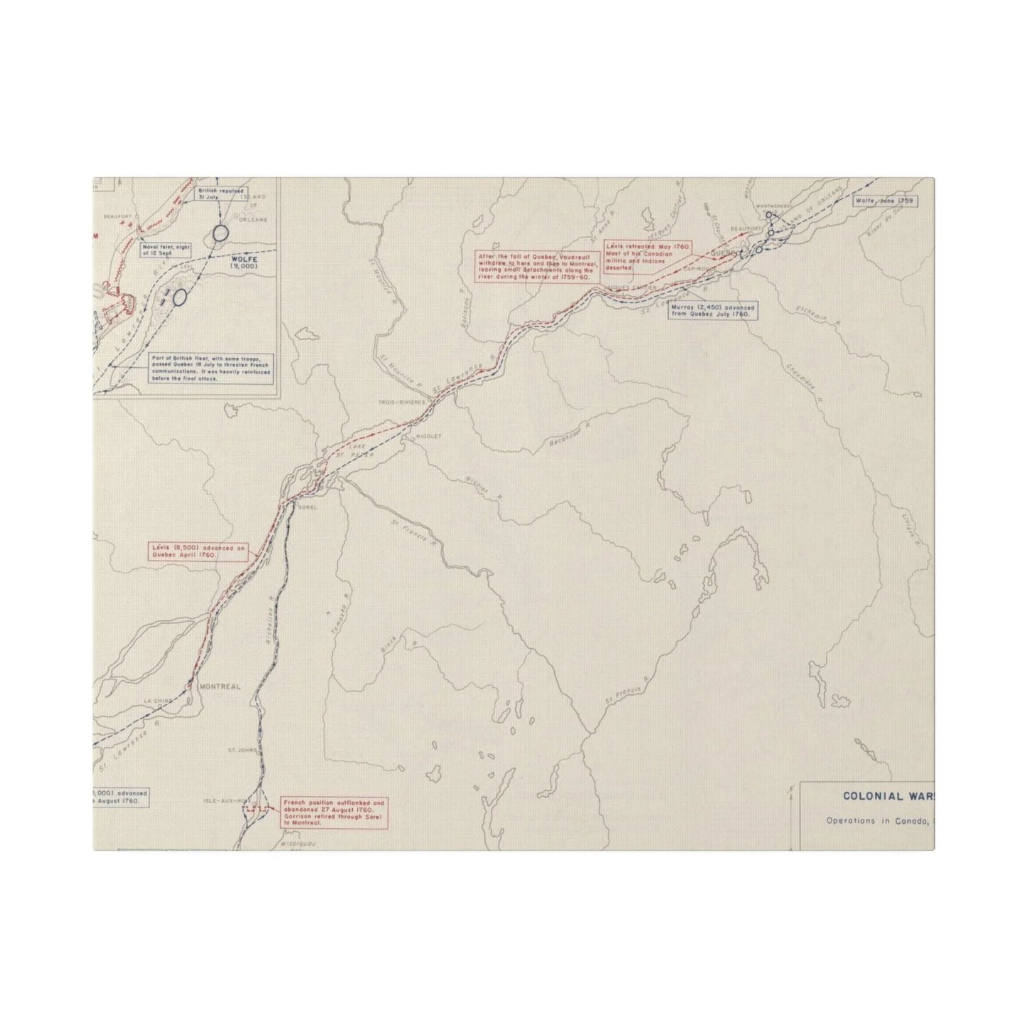 Close-up of textured canvas fabric highlighting natural fibers and subtle brushstroke details from the colonial wars artwork.