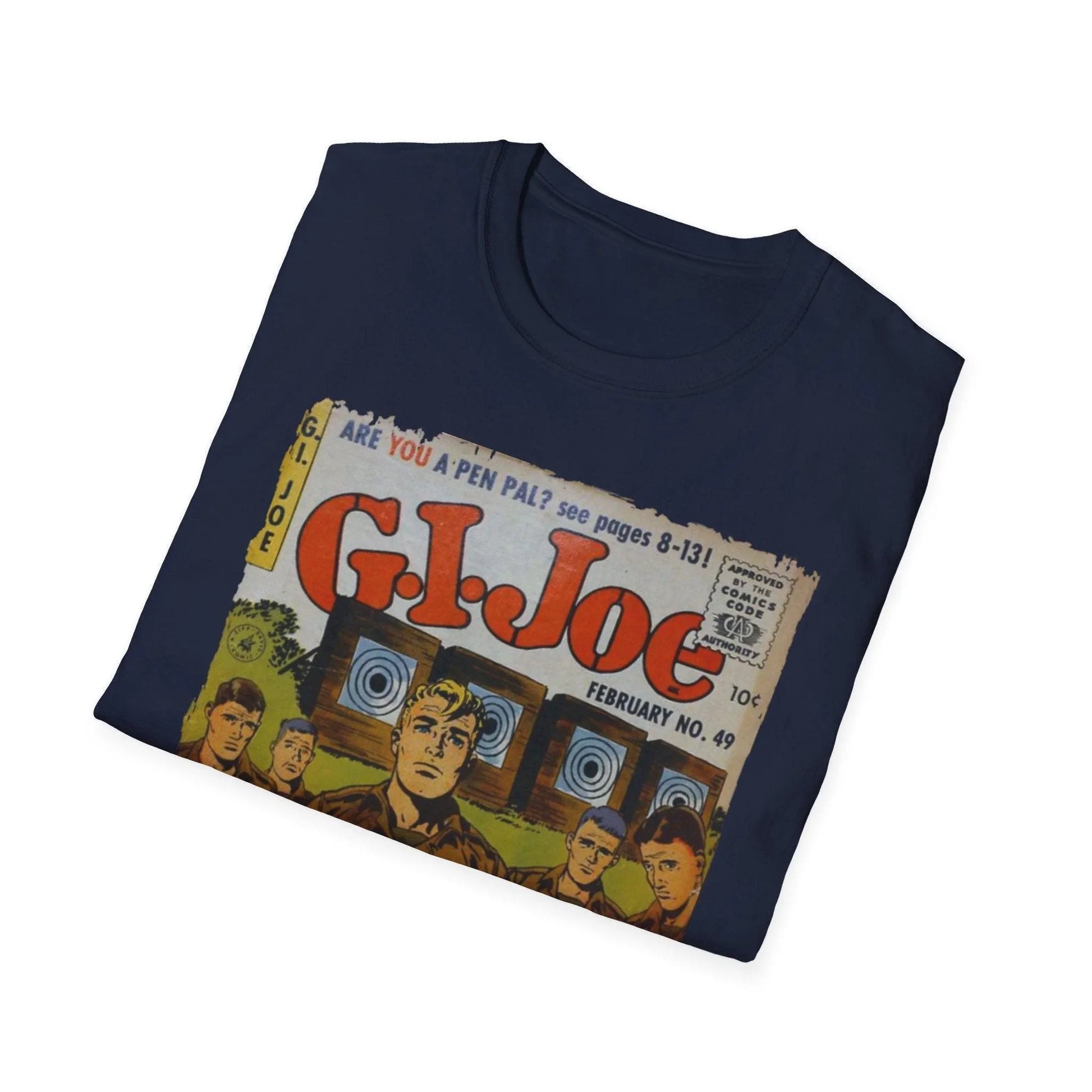 Close-up of the G.I. Joe No.49 unisex softstyle T-shirt’s front neckline with reinforced stitching and vivid navy color