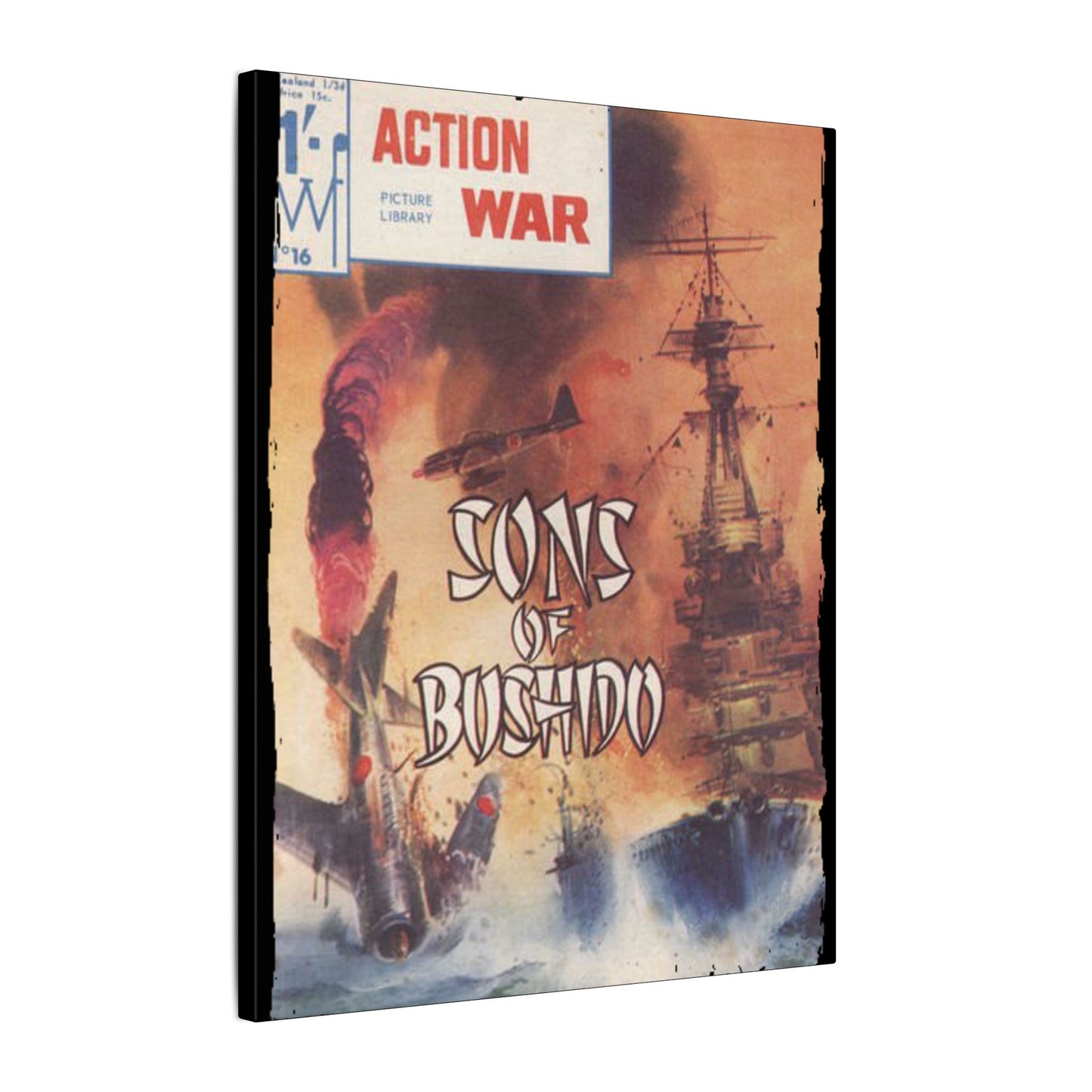 Close-up of the textured canvas surface showcasing the detailed brushstroke pattern and vibrant color accents on the Action