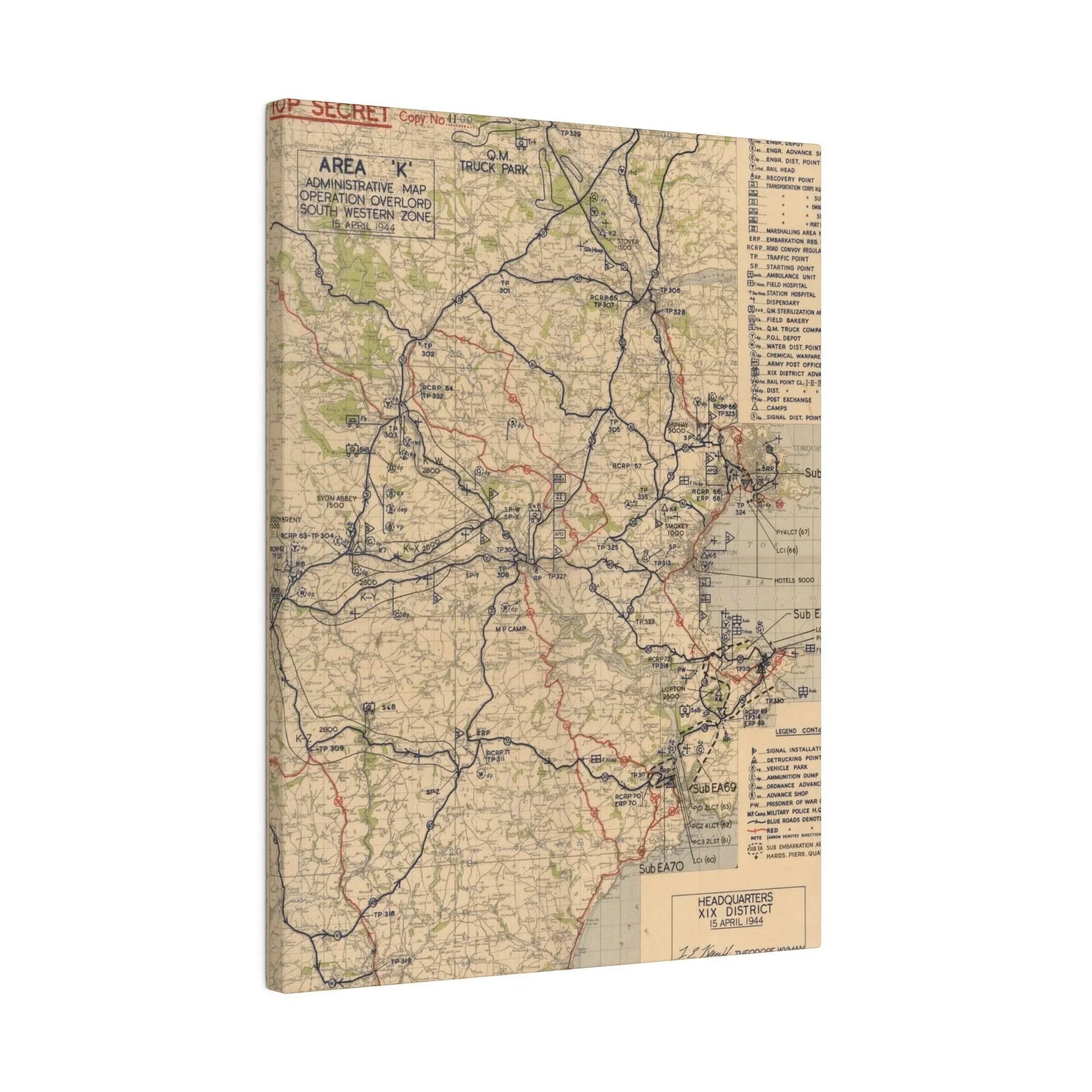 Close-up of detailed map markings and handwritten annotations on Area K, Operation Overlord, illustrating strategic zone