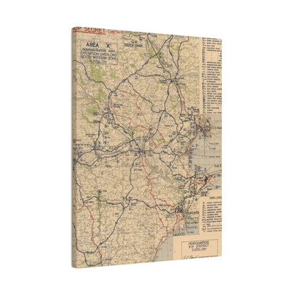 Close-up of detailed map markings and handwritten annotations on Area K, Operation Overlord, illustrating strategic zone