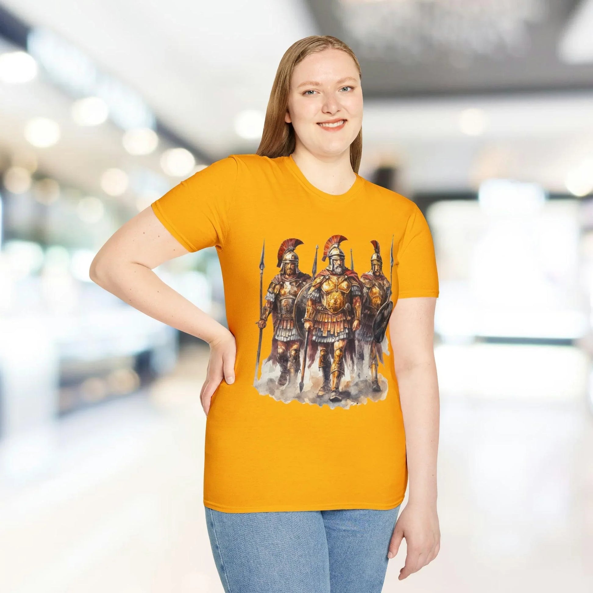 Close-up of the white ribbed crew neckline and stitched shoulder seam on the Ancient Warrior 3 unisex softstyle T-shirt from