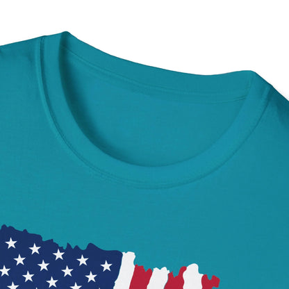 Close-up of the distressed vertical American flag print on the relaxed fit, soft cotton fabric with visible frayed edges and