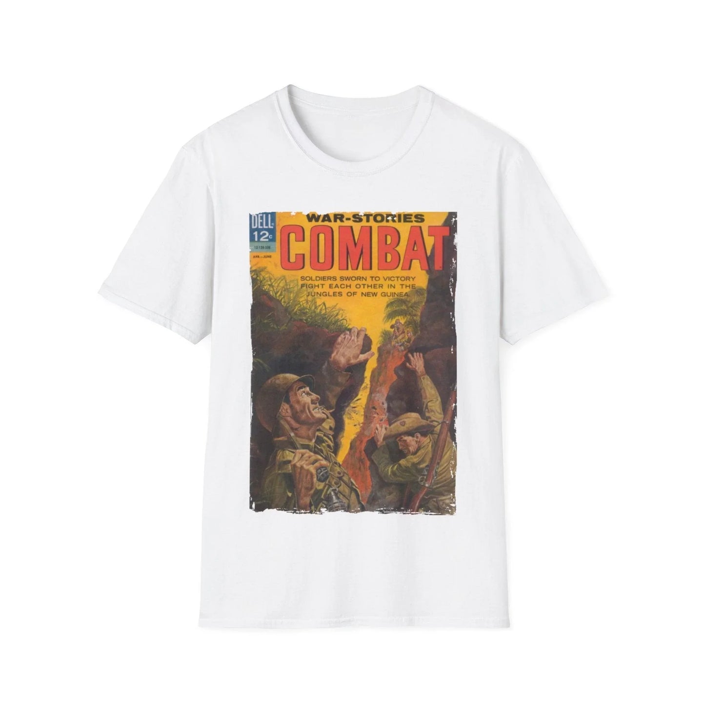 Close-up of the Combat June 1963 unisex softstyle T-shirt’s ribbed crew neckline and vibrant navy color from a front