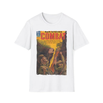 Close-up of the Combat June 1963 unisex softstyle T-shirt’s ribbed crew neckline and vibrant navy color from a front