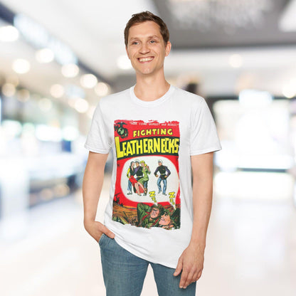 Close-up of the unisex softstyle T-shirt’s vibrant navy fabric highlighting its smooth texture and subtle stitching detail