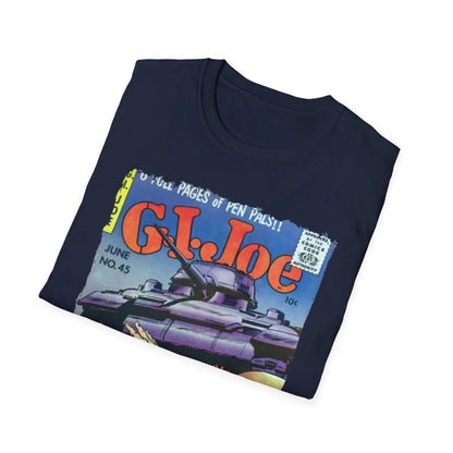 Close-up of G.I. Joe No.45 softhandwritten label sewn on heather gray, relaxed fit unisex T-shirt with crew neckline and