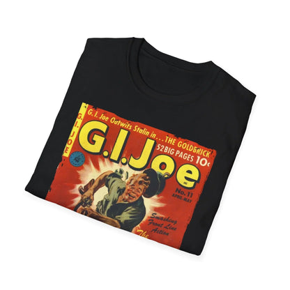 Close-up of the G.I. Joe No.11 Apr unisex softstyle T-shirt's collar stitching and smooth cotton-blend fabric in navy blue
