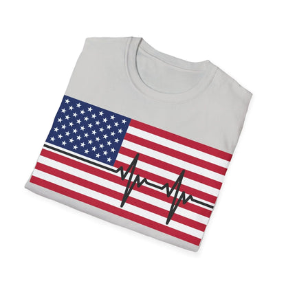 Close-up of the American Flag Heartbeat design on the chest, showcasing vibrant colors and precise print details on soft