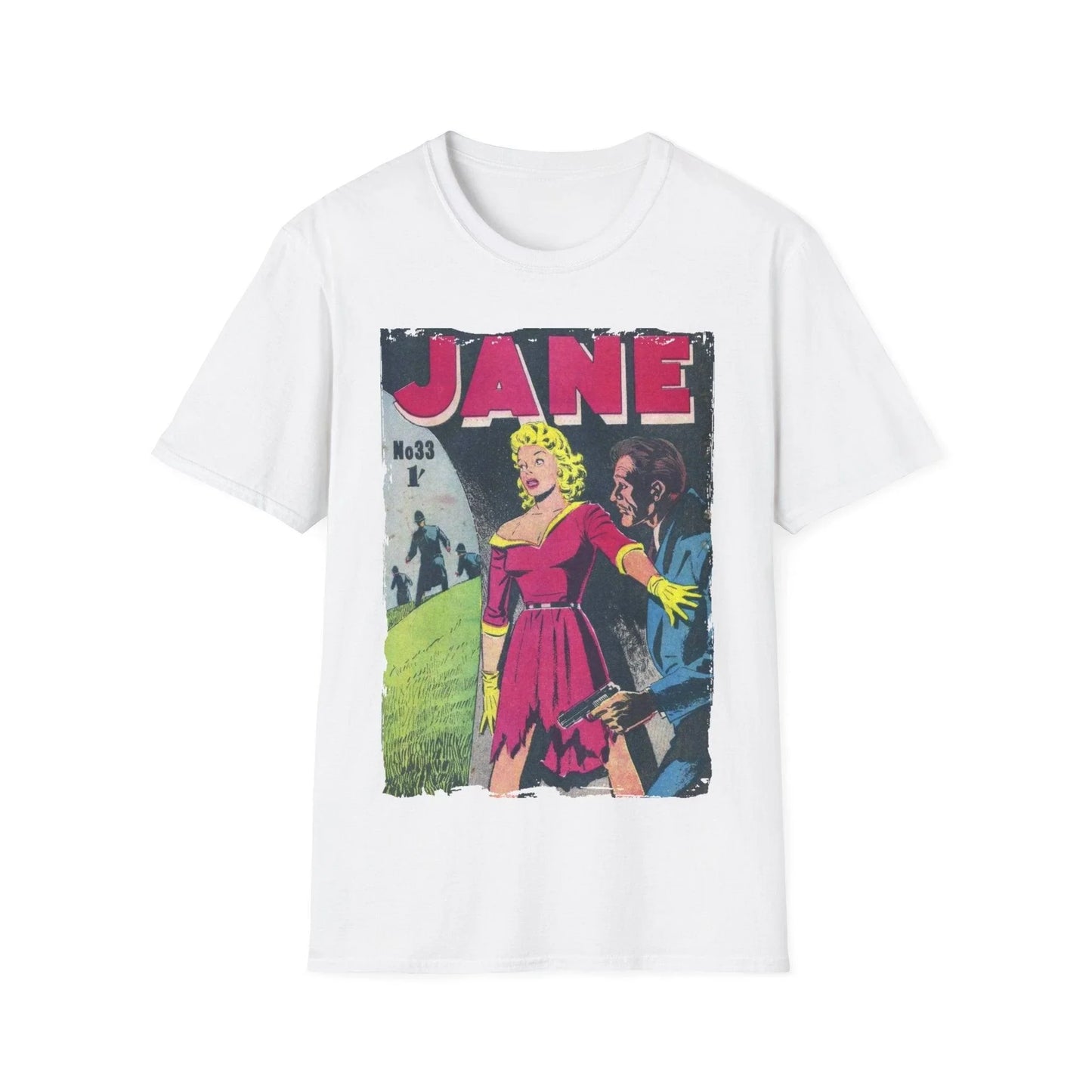 Close-up of the Jane No.33 unisex softstyle T-shirt's collar seam highlighting durable stitching and smooth fabric